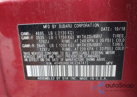 2019 Subaru Outback 2.5I z USA, uszkodzony, nr VIN 4S4BSABCXK3247412